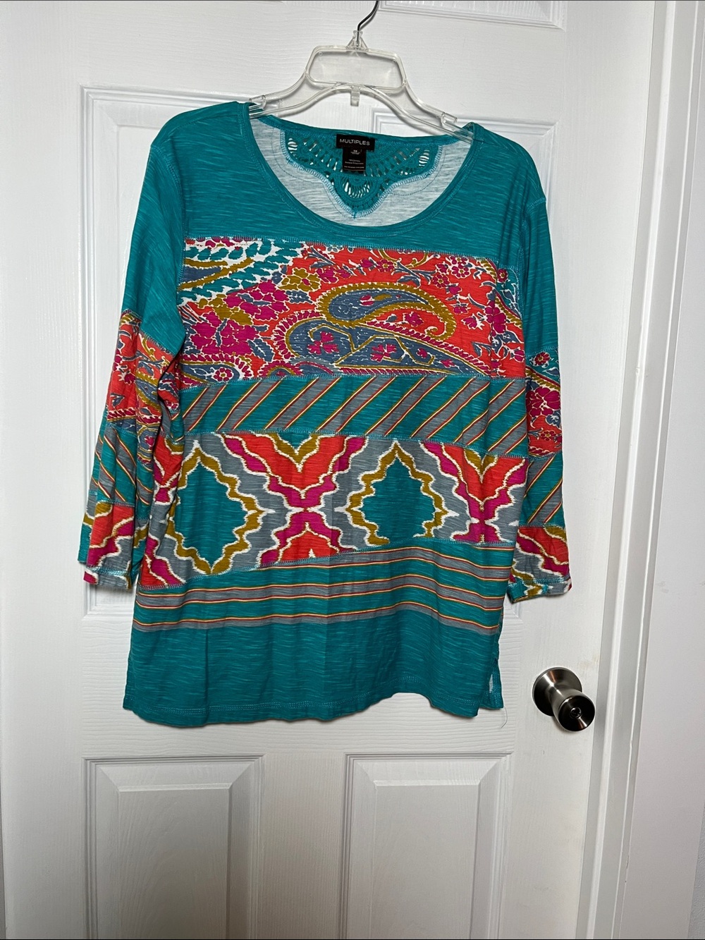 Multiples Teal Multicolor Paisley & Ikat Print Top